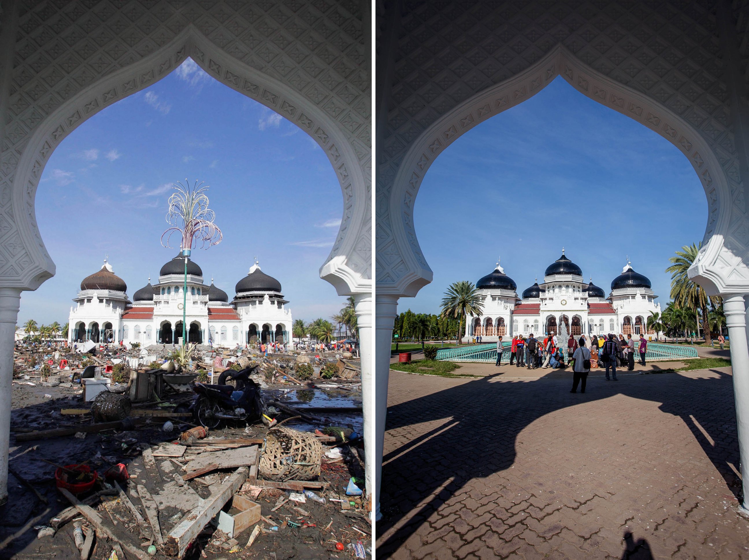 This combo shows a file photo (left) taken on Dec. 28, 2004 of the Grand Mosque surrounded by debris in Banda Aceh, Indonesia where the massive Dec. 26, 2004 tsunami triggered by an earthquake hit and an image of people visiting the mosque on Dec. 11, 2014. Image: ABC News