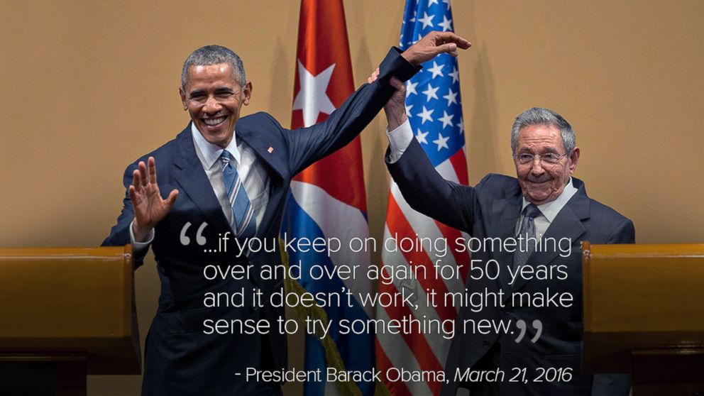 PHOTO: Cuban President Raul Castro lifts the arm of President Barack Obama at the conclusion of their joint news conference at the Palace of the Revolution, in Havana, Cuba, March 21, 2016.