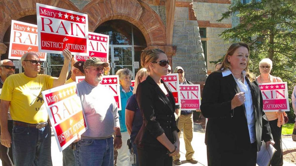 PHOTO: Mary Rain, right, announces her candidacy at the St. Lawrence County courthouse in Canton, New York. Standing beside her is Tandy Cyrus, whose son, Garrett Phillips, was murdered in 2011.